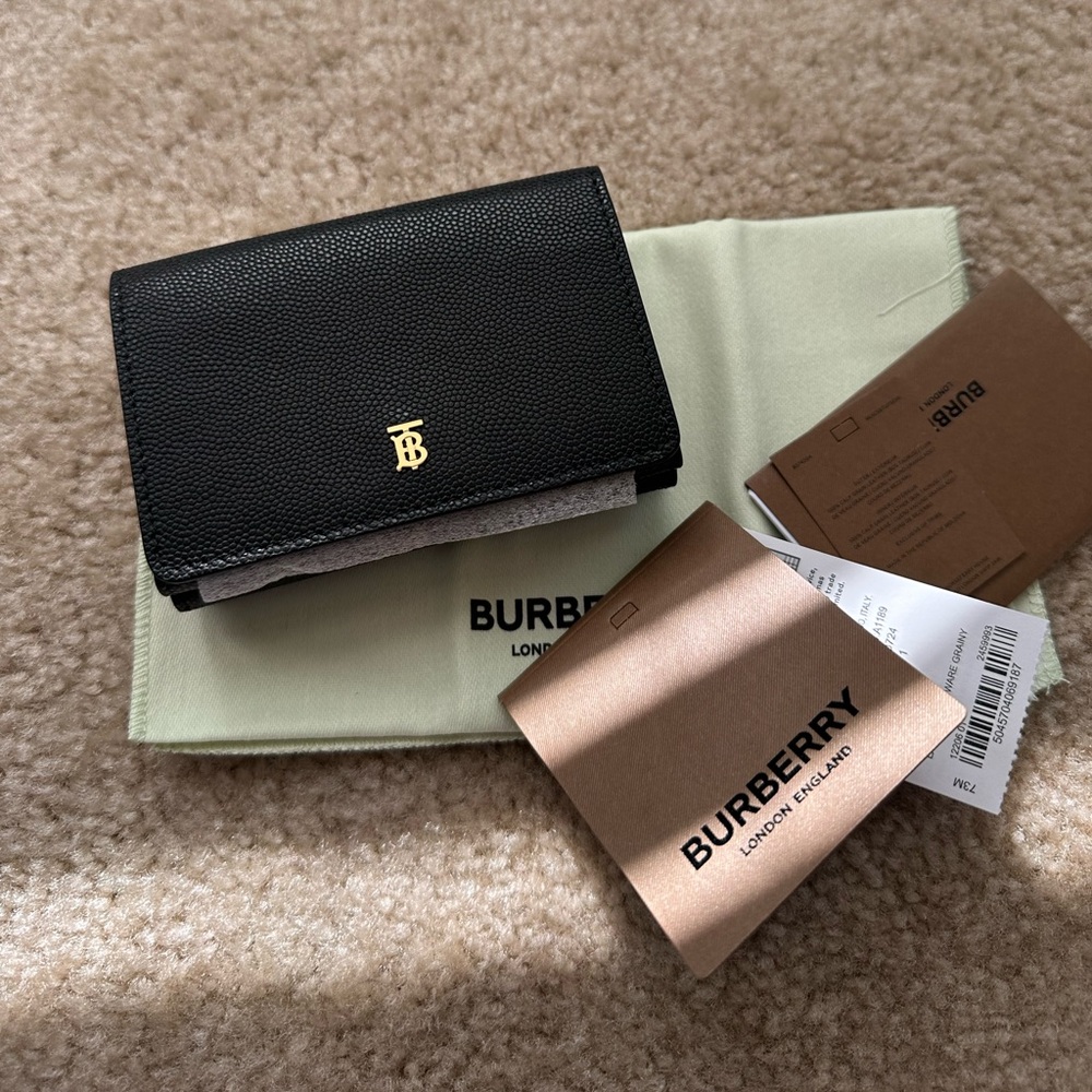 BURBERRY Grained Calfskin TB Compact Tri-Fold Wallet Black